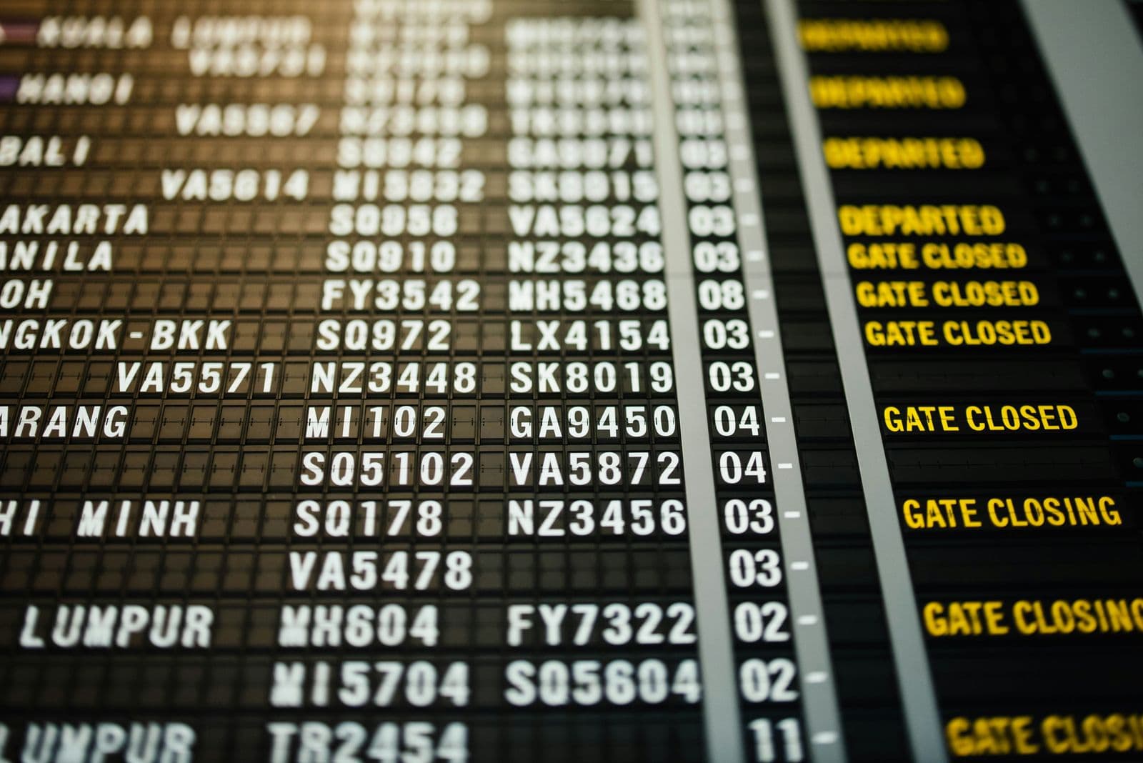 Painel de voos de aeroporto com destinos, horários e avisos de portão fechado