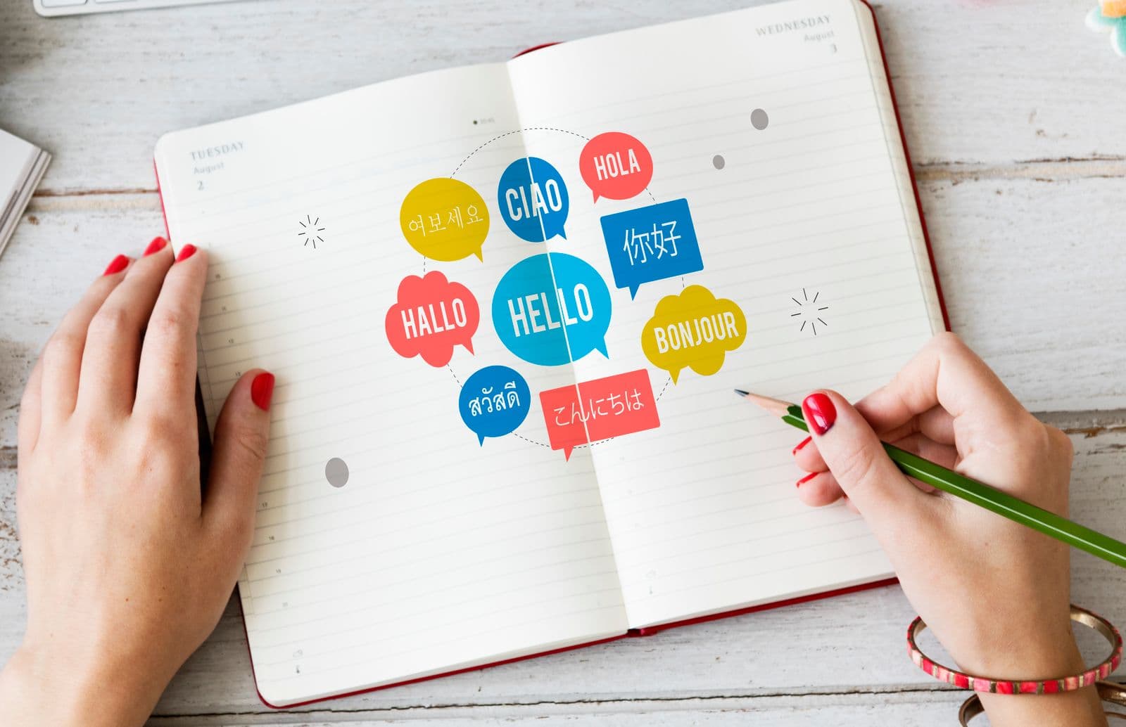Caderno aberto com balões de fala coloridos trazendo saudações em vários idiomas