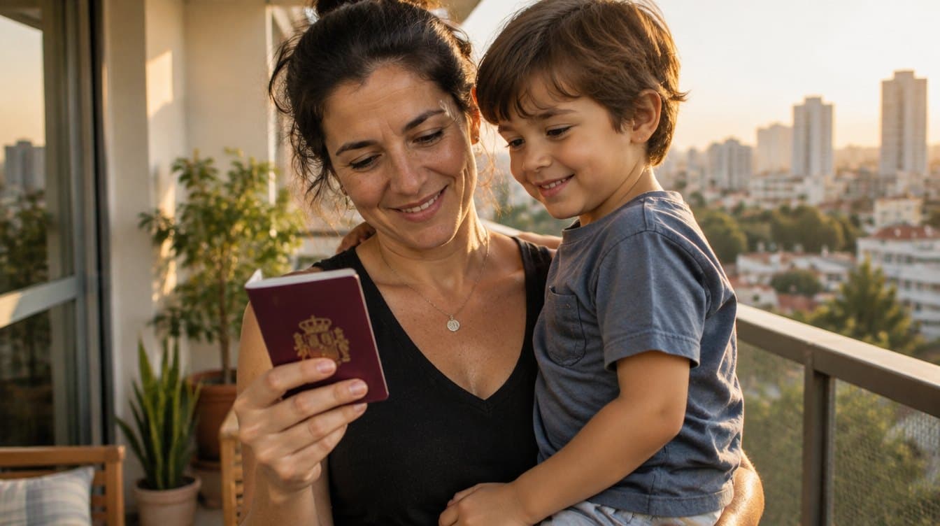 Mãe sorrindo com o filho pequeno no colo, na varanda de casa, olhando para um passaporte espanhol