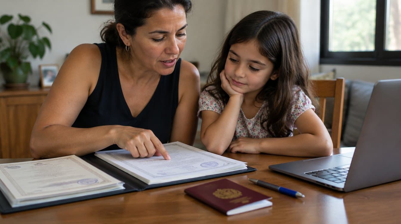 Mãe aponta uma certidão numa pasta de documentos sobre a mesa, ao lado da filha, de um passaporte espanhol e de um notebook
