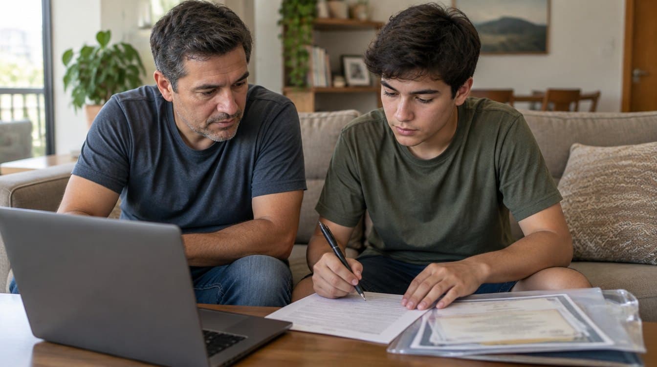 Pai e filho adolescente no sofá, com um notebook e certidões numa pasta, enquanto o filho assina um formulário