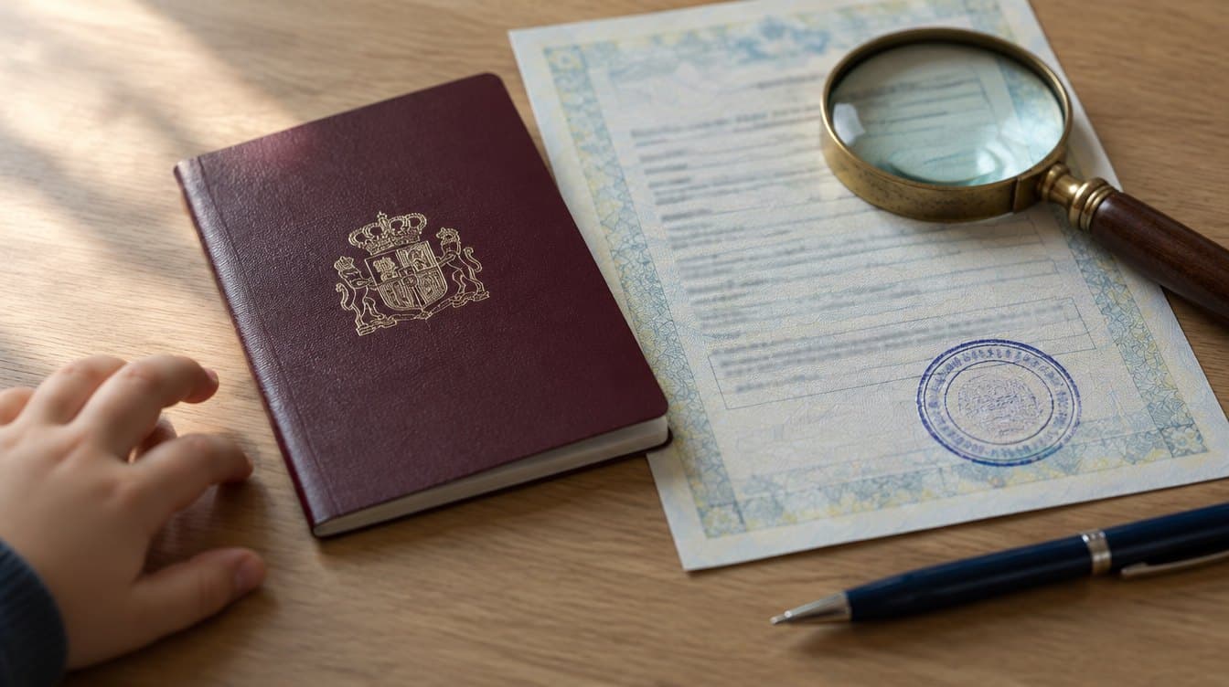 Passaporte espanhol ao lado de uma certidão com carimbo de apostila, uma lupa, uma caneta e a mão de uma criança