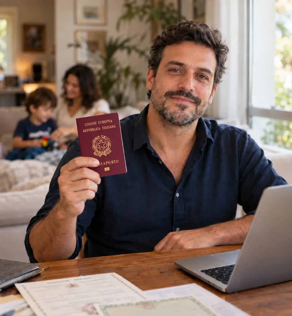 Homem em casa, sentado à mesa com certidões e notebook, mostrando o passaporte italiano, com a esposa e o filho ao fundo