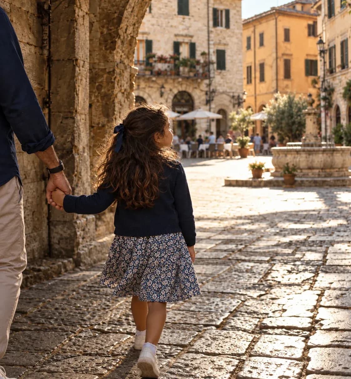 Criança de costas, de mãos dadas com o pai, entrando por um arco de pedra numa praça de cidade italiana ao sol